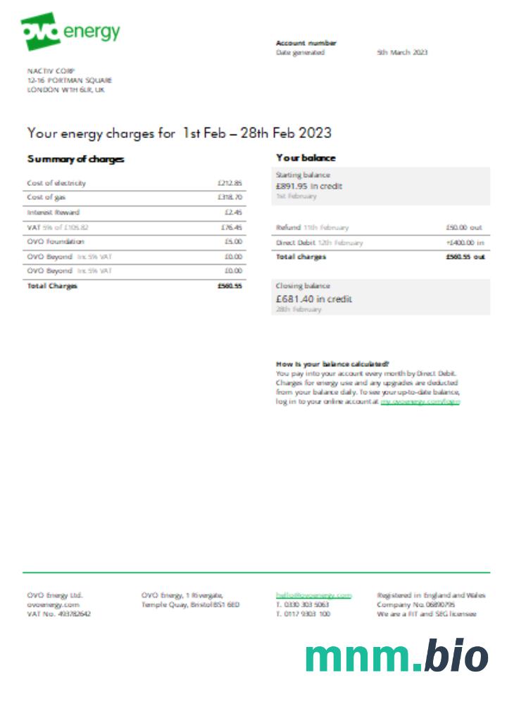 Ovo Energy electricity business bill